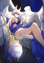 Rule 34 | 1girl, 2020, absurdres, animal ear fluff, animal ears, artist name, azur lane, bare shoulders, blue dress, breasts, center opening, cleavage, clothing cutout, dress, evening gown, eyeliner, feet out of frame, fox girl, halter dress, halterneck, headless, highres, kaga (azur lane), kaga (exalted white wings) (azur lane), kitsune, kyuubi, large breasts, large tail, makeup, medium hair, multiple tails, no panties, side cutout, skai kun, solo, statue, tail, thighs, white hair