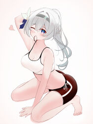 Rule 34 | 1girl, absurdres, adjusting hair, alternate costume, arm support, barefoot, bike shorts, black shorts, blue pupils, blush, breasts, cleavage, closed mouth, collarbone, firefly (honkai: star rail), grey hair, grey hairband, hair ornament, hair tie in mouth, hairband, hand up, heart, high ponytail, highres, honkai: star rail, honkai (series), kneeling, knosdeba, looking at viewer, medium breasts, mouth hold, navel, one eye closed, purple eyes, shorts, simple background, solo, sports bra, stomach, white background, white sports bra