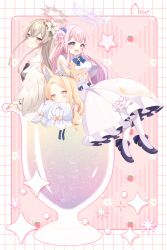 Rule 34 | 3girls, angel wings, animal ear fluff, animal ears, black footwear, blonde hair, blue archive, bow, bright pupils, buttons, capelet, closed mouth, cup, double-breasted, dress, feathered wings, flower, food, footwear bow, fox ears, frilled dress, frills, fruit, glass, gradient eyes, hair bun, hair flower, hair ornament, hair scrunchie, halo, high heels, highres, in container, in cup, light brown hair, looking at viewer, mika (blue archive), mini person, minigirl, multicolored eyes, multiple girls, nagisa (blue archive), open mouth, orange eyes, pantyhose, pink hair, scrunchie, seia (blue archive), single side bun, sleeveless, sleeveless dress, sleeves past fingers, sleeves past wrists, smile, strawberry, tea party (blue archive), white capelet, white dress, white pantyhose, white pupils, white wings, wings, yahagi (yui1251), yellow eyes