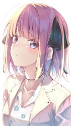 Rule 34 | 1girl, :o, akausuko, black choker, blunt bangs, blush, butterfly hair ornament, choker, collarbone, go-toubun no hanayome, hair ornament, highres, jacket, looking at viewer, nakano nino, open clothes, open jacket, parted lips, pink hair, purple eyes, shirt, short hair, simple background, solo, two side up, upper body, white background, white jacket, white shirt