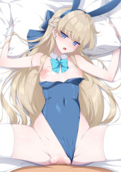 Rule 34 | 1boy, 1girl, animal ears, blonde hair, blue archive, blue eyes, blue leotard, blush, bow, bowtie, breasts, breasts out, censored, clothed female nude male, clothed sex, clothing aside, detached collar, fake animal ears, halo, hetero, highres, leotard, leotard aside, leotard pull, long hair, looking at viewer, lying, medium breasts, missionary, mosaic censoring, nipples, nude, official alternate costume, on back, penis, playboy bunny, pov, pussy, rabbit ears, sex, solo focus, spread legs, strapless, strapless leotard, thighhighs, toki (blue archive), toki (bunny) (blue archive), vaginal, very long hair, white thighhighs, wrist cuffs, yu-ta
