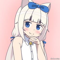Rule 34 | 10s, 1girl, animal ears, bad id, bad pixiv id, bare shoulders, bell, blue eyes, blunt bangs, blush, bow, cat ears, chau, commentary, hair bow, hair ribbon, highres, jewelry, jingle bell, long hair, looking at viewer, low twintails, nekopara, pink background, ribbon, ring, shirt, sleeveless, sleeveless shirt, smile, solo, twintails, twitter username, upper body, vanilla (nekopara), wedding band, white hair, white shirt