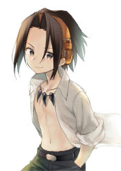 Rule 34 | 1boy, asakura yoh, black pants, brown eyes, brown hair, closed mouth, collared shirt, commentary request, forehead, hand in pocket, headphones, long hair, male focus, midorikawa you, open clothes, open shirt, pants, parted bangs, shaman king, shirt, short sleeves, sidelocks, simple background, sleeves rolled up, smile, solo, white background, white shirt