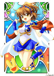 Rule 34 | 1boy, 1other, arle nadja, blue bow, blue bowtie, blue skirt, boots, bow, bowtie, brown hair, cape, carbuncle (puyopuyo), dress, full body, highres, jewelry, looking at viewer, madou monogatari, multicolored background, open mouth, pinafore dress, ponytail, puyopuyo, red cape, sakagami yuura, skirt, sleeveless dress, yellow eyes