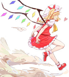 Rule 34 | 1girl, ankle cuffs, ascot, bare legs, blonde hair, bow, female focus, flandre scarlet, grin, hair bow, hair over eyes, hat, heart, highres, landing, lunaticprince, open mouth, short hair, side ponytail, simple background, skirt, skirt set, smile, solo, touhou, white background, wings