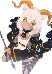 Rule 34 | 1girl, akagashi hagane, animal ears, arknights, beeswax (arknights), boots, dark-skinned female, dark skin, goat horns, horns, infection monitor (arknights), long coat, looking up, simple background, sitting, solo, staff, wariza, white background, white hair, yellow eyes