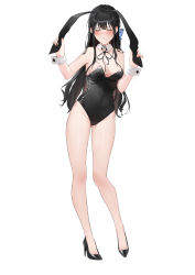 Rule 34 | 1girl, absurdres, animal ears, bare arms, bare legs, bare shoulders, black footwear, black hair, black leotard, black ribbon, blue bow, blush, bow, breasts, cleavage, clenched teeth, closed eyes, detached collar, embarrassed, facing viewer, fake animal ears, full body, hair bow, hair ornament, hands up, high heels, highleg, highleg leotard, highres, leotard, long hair, medium breasts, mole, mole on thigh, mole under eye, neck ribbon, original, parted lips, playboy bunny, rabbit ears, ribbon, sidelocks, simple background, solo, standing, strapless, strapless leotard, sweat, teeth, thighs, very long hair, white background, wrist cuffs, xretakex