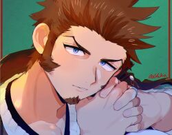 Rule 34 | 1boy, alternate costume, blue eyes, brown hair, casual, close-up, collarbone, facial hair, fate/grand order, fate (series), goatee, head tilt, interlocked fingers, jacket, jacket on shoulders, jewelry, lips, long sideburns, long sleeves, looking at viewer, male focus, napoleon bonaparte (fate), own hands together, parted lips, pectoral cleavage, pectorals, ring, shirt, shitappa, short hair, sideburns, sleeves rolled up, solo, spiked hair, thick eyebrows, white shirt