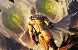 Rule 34 | 3boys, bald, bodysuit, cape, clenched hand, crater, crossover, dragon ball, dragonball z, dust, epic, frown, gloves, glowing, glowing eyes, kneeling, looking at viewer, male focus, multiple boys, muscular, one-punch man, red gloves, rock, saitama (one-punch man), son goku, vegeta