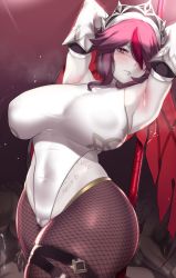 Rule 34 | 1girl, armpits, arms behind head, arms up, aster crowley, bare shoulders, blush, breasts, cleft of venus, elbow gloves, fishnet pantyhose, fishnets, genshin impact, gloves, habit, hair between eyes, highleg, highleg leotard, highres, large breasts, leotard, looking at viewer, multicolored clothes, multicolored hair, multicolored headwear, nun, pantyhose, polearm, purple eyes, purple hair, purple pantyhose, red hair, rosaria (genshin impact), short hair, solo, spear, streaked hair, thick thighs, thighs, tiara, weapon, white gloves, white leotard