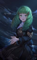 Rule 34 | 1girl, absurdres, anniversary, artist logo, black dress, blush, bow, breasts, dress, drill hair, english text, fingers together, fire emblem, fire emblem: three houses, flayn (fire emblem), green eyes, green hair, hair ornament, highres, jewelry, kneeling, long hair, long sleeves, looking at viewer, matching hair/eyes, necklace, night, night sky, nintendo, open mouth, own hands together, puffy long sleeves, puffy sleeves, shadow, signature, sky, solo, twin drills, velahka