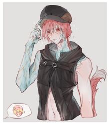 Rule 34 | 1boy, 1other, adjusting hair, animal ears, black vest, blush, border, cabbie hat, cat ears, cat tail, closed mouth, cropped torso, crystal exarch, embarrassed, final fantasy, final fantasy xiv, flying sweatdrops, g&#039;raha tia, grey background, hat, male focus, material growth, navel, red eyes, red hair, simple background, solo focus, sparkle, tail, tladpwl03, upper body, vest, warrior of light (ff14), white border