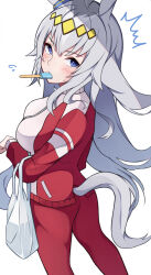 Rule 34 | 1girl, absurdres, ahoge, animal ears, bag, blue eyes, breasts, clothing cutout, cowboy shot, ear ornament, food in mouth, from behind, grey hair, highres, horse ears, horse girl, horse tail, jacket, long hair, long sleeves, looking at viewer, looking back, medium breasts, mouth hold, multicolored hair, oguri cap (umamusume), pants, pirukusu, plastic bag, popsicle, popsicle in mouth, red jacket, red pants, simple background, solo, streaked hair, tail, tail through clothes, tracen training uniform, track jacket, track pants, umamusume, white background