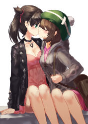 Rule 34 | 2girls, arm at side, bag, bare arms, black hair, black jacket, blush, breasts, brown hair, cleavage, coat, commentary request, creatures (company), dress, french kiss, game freak, gloria (pokemon), green eyes, green headwear, grey coat, hair ribbon, hat, highres, hood, hood down, hooded coat, jacket, kiss, long sleeves, marnie (pokemon), moroes, multiple girls, nintendo, open clothes, open jacket, pink dress, pokemon, pokemon swsh, red ribbon, ribbon, short hair, short twintails, shoulder bag, simple background, sitting, small breasts, sweat, tam o&#039; shanter, twintails, white background, yuri