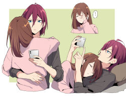 1boy 1girl aile_zzz anzu_(ensemble_stars!) bishounen blue_eyes border brown_hair cellphone couple double-parted_bangs ensemble_stars! green_background grey_sweater hair_between_eyes head_on_chest head_on_pillow hetero highres holding holding_phone hug looking_at_phone medium_hair multiple_views mutual_hug outside_border phone pink_sweater rubbing_eyes saegusa_ibara short_hair simple_background sleeping sleeping_on_person sleepy smartphone sweater white_border