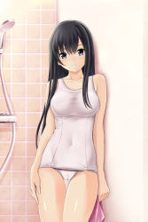 Rule 34 | 1girl, against wall, black hair, blue eyes, breasts, cameltoe, collarbone, covered navel, cowboy shot, facing viewer, grin, hair between eyes, hand on own thigh, holding, legs together, long hair, looking at viewer, medium breasts, nonaka chikin, old school swimsuit, one-piece swimsuit, original, school swimsuit, shadow, shower head, sidelocks, smile, solo, standing, straight hair, swim cap, swimsuit, taut clothes, thigh gap, tile wall, tiles, white one-piece swimsuit, white school swimsuit