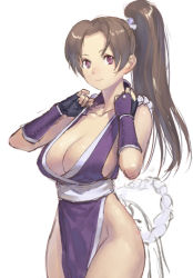 Rule 34 | 1girl, alternate color, bare shoulders, breasts, brown hair, cleavage, elbow gloves, fatal fury, fingerless gloves, gloves, huge breasts, japanese clothes, large breasts, ninja, no panties, okojo, pelvic curtain, ponytail, purple eyes, revealing clothes, rope, shiranui mai, side slit, simple background, snk, solo, the king of fighters