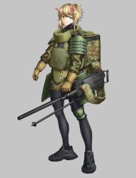 Rule 34 | 1girl, absurdres, ammunition backpack, ammunition chute, armor, black pantyhose, blonde hair, brown gloves, browning m2, camouflage, camouflage jacket, camouflage shorts, ceramic plate, closed mouth, commentary, english commentary, full body, gloves, glow sticks, green eyes, grey background, gun, hair between eyes, heavy machine gun, highres, holding, holding gun, holding weapon, horns, jacket, knee pads, long sleeves, looking at viewer, machine gun, monopod, original, pantyhose, pantyhose under shorts, pauldrons, shoes, short eyebrows, shorts, shoulder armor, simple background, single knee pad, sneakers, solo, standing, thick eyebrows, weapon, weapon request, white hair