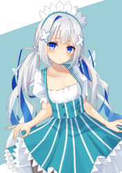 Rule 34 | 1girl, absurdres, amane kanata, aqua background, aqua dress, aqua hairband, blue eyes, blue hair, blush, clothes lift, collarbone, colored inner hair, cross hair ornament, dress, dress lift, flat chest, frilled dress, frills, grey hair, hair ornament, hairband, head tilt, headdress, highres, hololive, kisara mikami, lifted by self, long hair, looking at viewer, low twintails, multicolored hair, parted lips, puffy sleeves, short sleeves, simple background, solo, striped clothes, striped dress, twintails, two-tone dress, vertical-striped clothes, vertical-striped dress, virtual youtuber, white headdress, white sleeves, wings