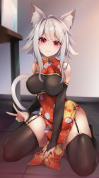 Rule 34 | 1girl, absurdres, animal ear fluff, animal ears, bare shoulders, black thighhighs, blush, bridal gauntlets, cat ears, cat girl, cat tail, chaina, china dress, chinese clothes, closed mouth, commentary request, copyright request, dress, floral print, full body, garter straps, grey hair, hair intakes, highres, indoors, kana616, looking at viewer, no shoes, pelvic curtain, print dress, red dress, red eyes, sitting, sleeveless, sleeveless dress, smile, solo, spanish flag, tail, thighhighs, tile floor, tiles, v, virtual youtuber, wariza