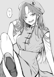 Rule 34 | 1girl, beret, braid, breasts, china dress, chinese clothes, dress, ear piercing, greyscale, hat, hat ornament, highres, hong meiling, long hair, mandarin collar, monochrome, piercing, risui (suzu rks), sleeveless, sleeveless dress, star (symbol), star hat ornament, touhou, translated, twin braids