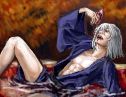 Rule 34 | 00s, 1boy, blood, blood on face, fangs, hair over one eye, japanese clothes, kimono, lying, male focus, muscular, open clothes, open mouth, red eyes, short hair, solo, tohno shiki (original), tohno shiki (2), tsukihime, vampire, water, white hair