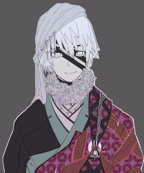Rule 34 | 1boy, closed mouth, facepaint, facial mark, fur trim, grey background, grey headwear, hair between eyes, highres, male focus, original, outline, patterned, patterned clothing, simple background, smile, solo, tabletop rpg, upper body, white eyes, white hair, white outline, yumeno ochawan