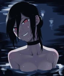 Rule 34 | artist request, black hair, blush, breasts, chainsaw man, choker, medium breasts, night, nude, red eyes, reze (chainsaw man), smile, swimming, wet
