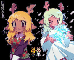 &gt;_o 2girls animal_ears antlers black_background black_shirt blush breasts character_name checkered_clothes checkered_sweater_vest collared_shirt commentary_request dark-skinned_female dark_skin deer_antlers deer_ears deer_girl deltarune dress dual_persona flying_sweatdrops green_sweater_vest hair_between_eyes hair_over_shoulder highres hood hood_down hooded_dress horns korean_commentary long_hair long_sleeves looking_at_viewer looking_down multiple_girls noelle_holiday one_eye_closed red_sweater_vest reference_inset shirt simple_background small_breasts snowflakes sweatdrop sweater_vest sznm1234 teeth two-tone_sweater_vest upper_body v_arms white_dress wide_sleeves