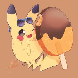 banchiku black_eyes bright_pupils chocolate creatures_(company) food game_freak gen_1_pokemon highres nintendo no_humans one_eye_closed open_mouth orange_background pikachu pokemon pokemon_(creature) popsicle simple_background smile sunglasses tail white_pupils