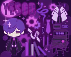 Rule 34 | 1boy, black coat, black necktie, black pants, book, brooch, card, closed mouth, coat, crossed arms, gears, gostcat, hair over one eye, jewelry, lab coat, library of ruina, lobotomy corporation, looking at viewer, male focus, necktie, pants, pen, project moon, purple hair, purple necktie, purple theme, robot, snake, standing, white coat, yesod (project moon)