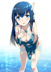 Rule 34 | 1girl, blue eyes, blue hair, blush, breasts, cleavage, eyebrows, front-tie top, gotyou, hair between eyes, halterneck, hand on own thigh, hand on thigh, isekai toshokan e youkoso, large breasts, leaning forward, legs, long hair, looking at viewer, matching hair/eyes, official art, open mouth, original, see-through, skirt, solo, standing, sweatdrop, teeth, thighs, undine, water, water surface, white background