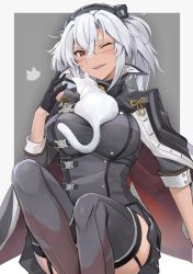 Rule 34 | 1girl, absurdres, animal, animal on chest, black gloves, black skirt, blush, breasts, cape, cat, dark-skinned female, dark skin, garter straps, glasses, gloves, grey thighhighs, hair between eyes, highres, kantai collection, large breasts, long hair, musashi (kancolle), musashi kai ni (kancolle), one eye closed, open mouth, partially fingerless gloves, pleated skirt, red eyes, simple background, sitting, skirt, smile, solo, thighhighs, two-tone background, white cat, yunamaro