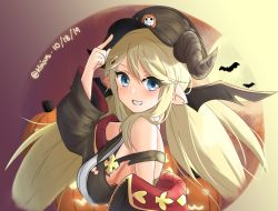 Rule 34 | 1girl, bare shoulders, bat (animal), blonde hair, blue eyes, breasts, coat, dated, from side, full moon, granblue fantasy, hallessena, hand on headwear, hand up, highres, jack-o&#039;-lantern, klaius, large breasts, long hair, looking at viewer, looking to the side, moon, off shoulder, pointy ears, smile, solo, strap slip, twintails, twitter username