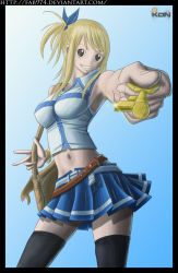 Rule 34 | 1girl, armpits, bag, bare shoulders, belt, black eyes, black thighhighs, blonde hair, blue background, blue skirt, breasts, brown eyes, cleavage, clenched teeth, fairy tail, female focus, handbag, highres, key, keyring, large breasts, legs, long hair, looking at viewer, lucy heartfilia, midriff, miniskirt, navel, pointing, shirt, side ponytail, skirt, sleeveless, smile, solo, standing, teeth, thighhighs, thighs, white shirt, zipper