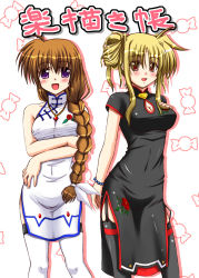 Rule 34 | 00s, 2girls, :d, adapted costume, bardiche (nanoha), bardiche (standby form) (nanoha), beads, blonde hair, blush, bracelet, braid, breasts, china dress, chinese clothes, cleavage, cleavage cutout, clothing cutout, double bun, dress, fate testarossa, floral print, garter straps, hair bun, highres, jewelry, lask, long hair, low-tied long hair, lyrical nanoha, magical girl, mahou shoujo lyrical nanoha, multiple girls, necklace, open mouth, raising heart, raising heart (standby mode), side slit, single braid, smile, takamachi nanoha, thighhighs, very long hair