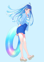Rule 34 | 1girl, ahoge, blue background, blue eyes, blue hair, blue jacket, blue shirt, blue shorts, blue theme, blush, closed mouth, collarbone, commentary request, eyelashes, feet, floating hair, highleg shorts, highres, holding, hood, hood down, hooded jacket, innertube, jacket, jj (ssspulse), legs, long sleeves, looking at viewer, original, platform footwear, sandals, shadow, shirt, shorts, simple background, sleeves rolled up, solo, standing, striped clothes, striped shirt, swim ring, thighs, toes, two-tone shirt, white shirt