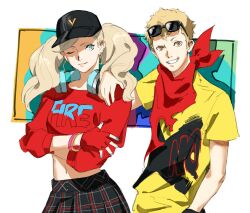 1boy 1girl alternate_costume arm_on_another&#039;s_shoulder bandana bandana_around_neck baseball_cap black_hat blonde_hair blue_eyes blue_headphones bracelet brown_eyes commentary_request crop_top crossed_arms ear_piercing earrings eyewear_on_head fingerless_gloves gloves grin hat headphones headphones_around_neck highres hoop_earrings jewelry looking_at_viewer midriff multiple_bracelets official_alternate_costume one_eye_closed persona persona_5 persona_5:_dancing_star_night persona_dancing piercing plaid_clothes plaid_skirt print_shirt red_bandana red_gloves red_shirt roru_(lol_dessin) sakamoto_ryuuji shirt short_hair short_sleeves side-by-side skirt smile standing sunglasses takamaki_anne teeth torn_bandana torn_clothes twintails very_short_hair yellow_shirt