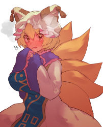 Rule 34 | !, !!, 1girl, blonde hair, blush, breasts, brown eyes, dress, fox tail, hair between eyes, hands in opposite sleeves, hat, highres, large breasts, looking at viewer, masanaga (tsukasa), mob cap, multiple tails, nose blush, open mouth, short hair, simple background, solo, tabard, tail, touhou, white background, white dress, white hat, yakumo ran