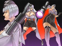 Rule 34 | 1girl, black skirt, breasts, huge breasts, humanization, megatron, ratf, short hair, skirt, solo, tie clip, transformers, weapon, white hair
