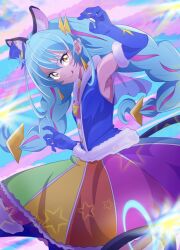 Rule 34 | 1girl, :q, animal ears, blue footwear, blue gloves, blue hair, blue hat, blue shirt, boots, braid, brooch, cat ears, cat girl, cat tail, claw pose, closed mouth, commentary request, cure cosmo, earrings, elbow gloves, fur-trimmed footwear, fur-trimmed gloves, fur-trimmed shirt, fur trim, gloves, hair ornament, hat, head tilt, highres, jewelry, leg up, long hair, looking at viewer, medium skirt, mini hat, mini top hat, mochi curry, multicolored background, multicolored clothes, multicolored hair, multicolored skirt, partial commentary, pink hair, pointy ears, precure, shirt, skirt, sleeveless, sleeveless shirt, smile, solo, standing, standing on one leg, star brooch, star twinkle precure, streaked hair, tail, thigh boots, tilted headwear, tongue, tongue out, top hat, twin braids, two-tone hair, yellow eyes, yuni (precure)
