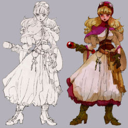 Rule 34 | 1girl, blonde hair, boots, breasts, commentary request, curly hair, dragon quest, dragon quest ii, dress, gloves, goggles, goggles on headwear, high heel boots, high heels, hood, long hair, pouch, princess, princess of moonbrook, robe, solo, staff, weapon, white dress, white robe
