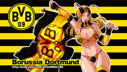 Rule 34 | 1girl, bare shoulders, bikini, black panties, blonde hair, blush, borussia dortmund, breasts, cleavage, detached sleeves, flag, ge xi, german text, large breasts, long hair, navel, one eye closed, original, panties, purple eyes, scarf, smile, soccer, solo, standing, striped background, striped clothes, striped thighhighs, swimsuit, thigh gap, thighhighs, underwear, watermark, web address, wink