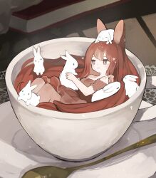 Rule 34 | 1girl, animal, animal ears, book, brown dress, brown eyes, commentary request, cup, dress, hair ribbon, heart, highres, holding, holding animal, hot chocolate, long hair, looking at animal, mini person, minigirl, original, personification, plate, rabbit, rabbit ears, rabbit girl, ribbon, sakutake (ue3sayu), solo, spoon, teacup, very long hair
