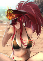 Rule 34 | 1girl, bare shoulders, beach, bikini, black bikini, blush, breasts, cleavage, closed mouth, collarbone, crest, family crest, fate/grand order, fate (series), hair over one eye, hat, jikihatiman, koha-ace, large breasts, long hair, looking at viewer, navel, oda nobunaga (fate), oda nobunaga (maou avenger) (fate), oda uri, peaked cap, ponytail, red eyes, red hair, sand, sidelocks, smile, solo, spread legs, swimsuit, thighs