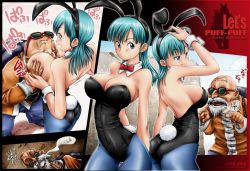 Rule 34 | 1boy, 1girl, age difference, animal ears, aqua hair, arms behind back, ass, bald, bare arms, bare shoulders, beard, between breasts, black leotard, blue eyes, blue pantyhose, blush, bow, bowtie, grabbing another&#039;s breast, breasts, bulma, cleavage, closed mouth, covered erect nipples, detached collar, dragon ball, dragon ball (classic), facial hair, fake animal ears, grabbing, hetero, injury, large breasts, leotard, long hair, md5 mismatch, multiple views, muten roushi, neck, nipples, no bra, old, old man, oolong, open mouth, pantyhose, playboy bunny, rabbit ears, rabbit tail, red bow, red bowtie, resized, sideboob, smile, standing, strapless, strapless leotard, sunglasses, turtle shell, unbalance