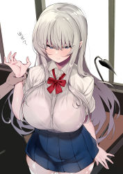 Rule 34 | 1girl, absurdres, blouse, blue eyes, blush, bra visible through clothes, breasts, collared shirt, cowboy shot, day, desk, highres, huge breasts, indoors, long hair, miniskirt, mitsudoue, original, school desk, school uniform, shirt, short sleeves, silver hair, skirt, solo focus, tail, thighhighs, very long hair, white shirt, white thighhighs, wide hips