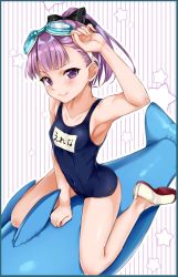Rule 34 | 1girl, arm up, armpits, bad id, bad twitter id, bow, breasts, character name, collarbone, commentary request, covered navel, fate/grand order, fate (series), goggles, goggles on head, hair bow, helena blavatsky (fate), helena blavatsky (swimsuit archer) (fate), helena blavatsky (swimsuit archer) (first ascension) (fate), highres, inflatable dolphin, inflatable toy, looking at viewer, name tag, nishimi shin, one-piece swimsuit, ponytail, purple eyes, purple hair, school swimsuit, shoes, short hair, small breasts, smile, sneakers, solo, star (symbol), starry background, straddling, striped, striped background, swimsuit, uwabaki, vertical stripes
