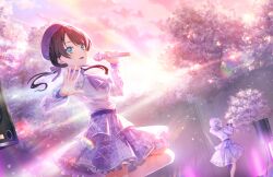 Rule 34 | 2girls, arm up, ascot, beret, black hair, blue eyes, bob cut, cherry blossoms, collared shirt, diagonal bangs, dress, falling petals, floating hair, frilled skirt, frills, game cg, grey hair, hair ornament, hair ribbon, hand up, hat, highres, holding, holding microphone, inverted bob, leg up, lens flare, lens flare abuse, link! like! love live!, long hair, long sleeves, looking at viewer, love live!, low twintails, microphone, multicolored hair, multiple girls, murano sayaka, official art, open hand, petals, pink petals, pink sky, purple ascot, purple footwear, purple hat, purple ribbon, purple skirt, purple sleeves, red eyes, red hair, ribbon, see-through, see-through dress, shirt, short hair, shunshoku new days (love live!), skirt, sky, solo focus, speaker, standing, standing on one leg, streaked hair, sun, third-party source, twintails, virtual youtuber, white shirt, yugiri tsuzuri