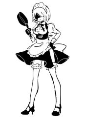 Rule 34 | 1girl, apron, black blindfold, black gloves, blindfold, breasts, cleavage, closed mouth, frying pan, full body, gloves, greyscale, hair between eyes, holding, kumaponn, long sleeves, maid, maid apron, maid headdress, mole, mole under mouth, monochrome, nier:automata, nier (series), short hair, solo, thighhighs, third-party source, white hair, white thighhighs, 2b (nier:automata)